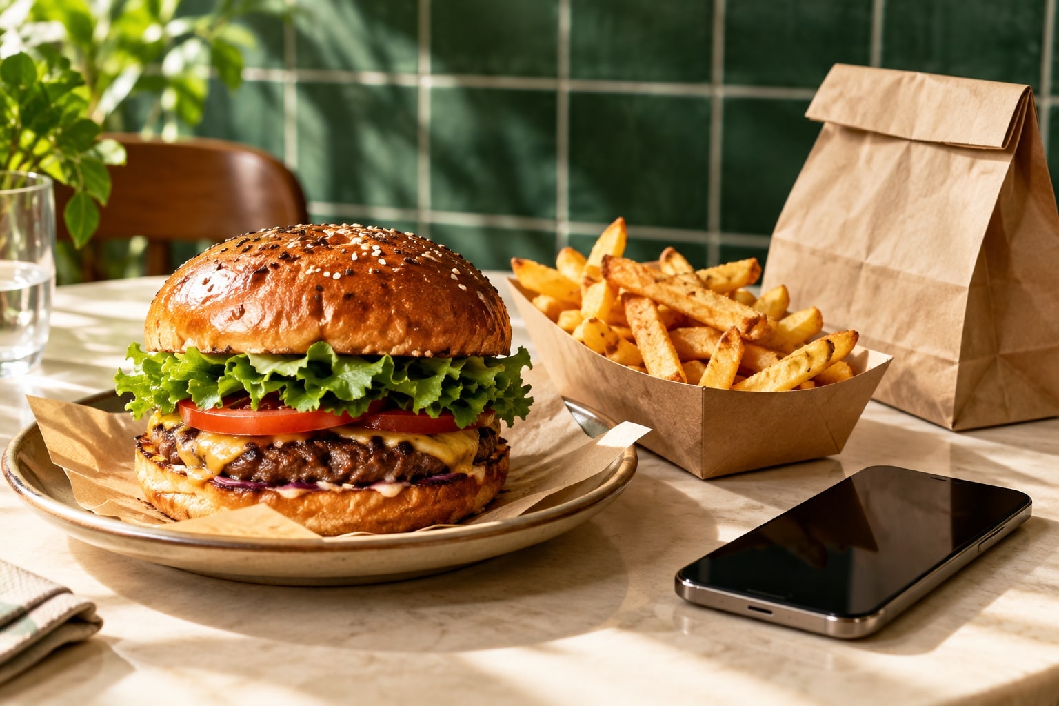 Illustrative food-ordering still life with a freshly prepared burger, fries and takeaway packaging.
